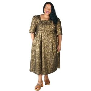 Birds of North America Midi Dress Womens Gold‎ Black Brocade Puff Sleeve Size 2X